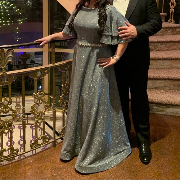 Silver Blue Glitter Evening Dress Special Occasion Party Gown Size 12 / 14 - Picture 5 of 9